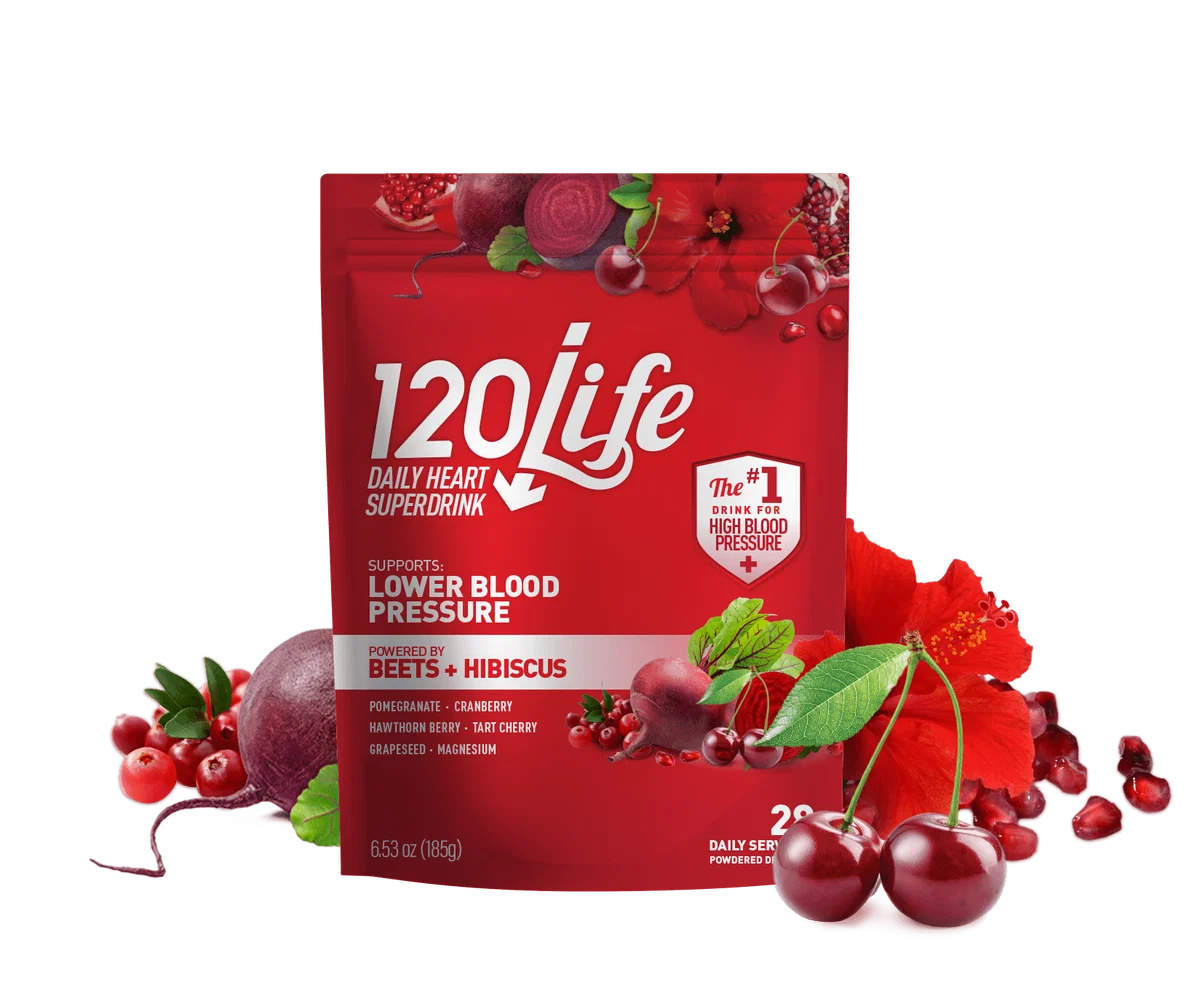 120Life Daily Heart Superdrink pouch surrounded by its featured fruit and botanicals